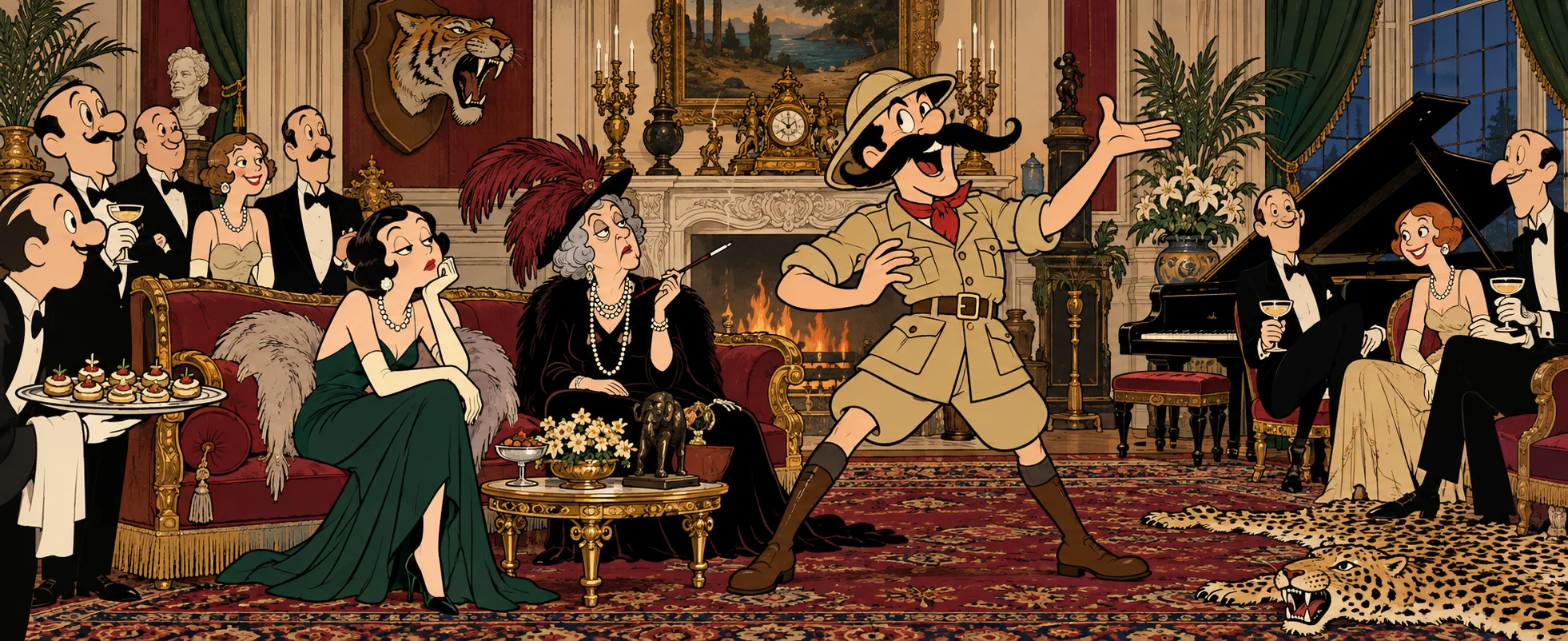 A cartoon explorer in a pith helmet and huge moustache holds forth to society guests in a 1930s drawing room with a tiger's head on the wall.