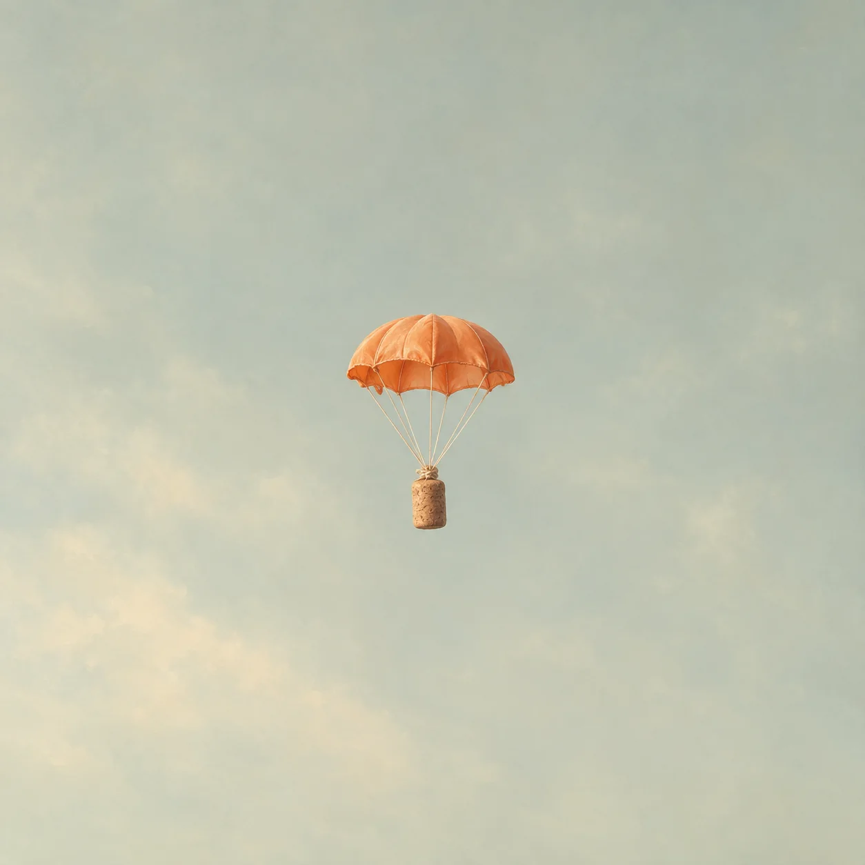 An orange parachute suspends a small cork against a cloudy pale-green sky.