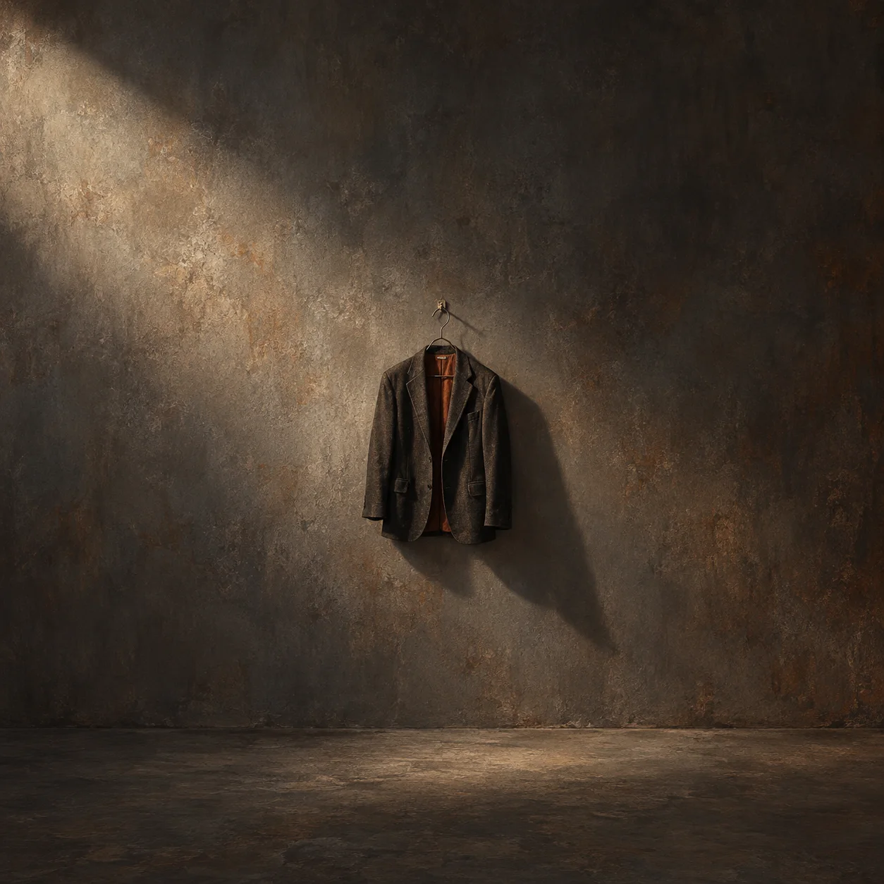 A charcoal jacket hangs from a wire hanger on a rough wall, casting a long shadow.