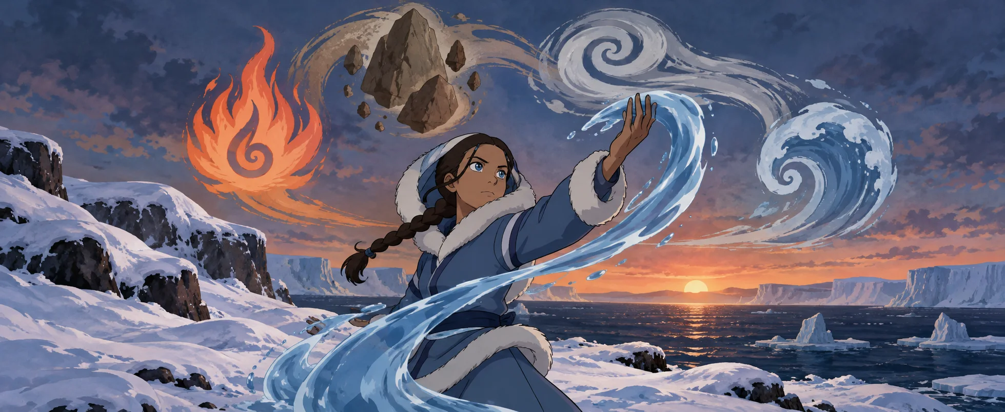 A Water Tribe girl in a fur-trimmed blue parka bends a ribbon of water on a frozen shore, with fire, earth and air motifs swirling around her.