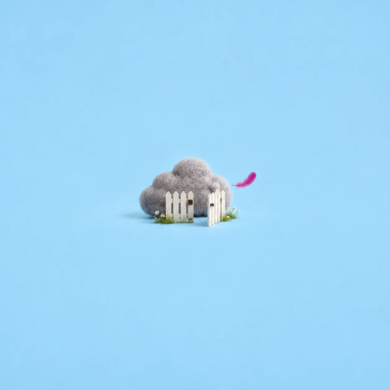 A small white picket gate ajar before a gray felt cloud, with a magenta feather drifting outside on a sky-blue background.