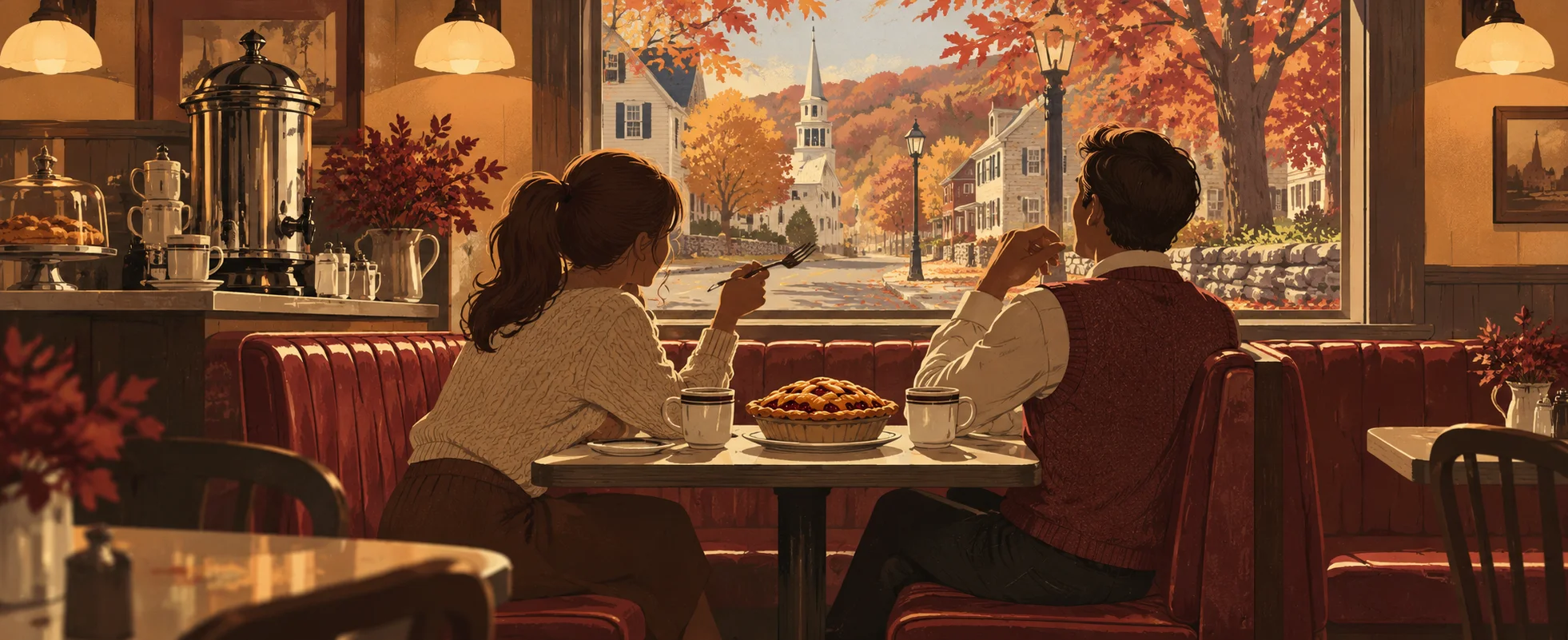 Two people share a slice of pie in a red diner booth by a window on an autumn small-town square.