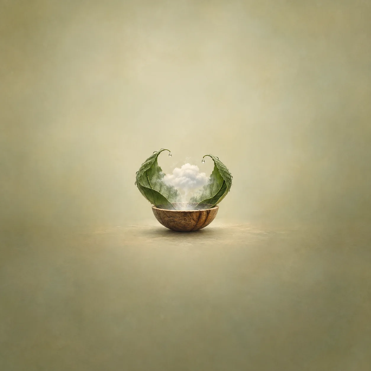 Two large green leaves cupped around a small wisp of mist above a wooden bowl.