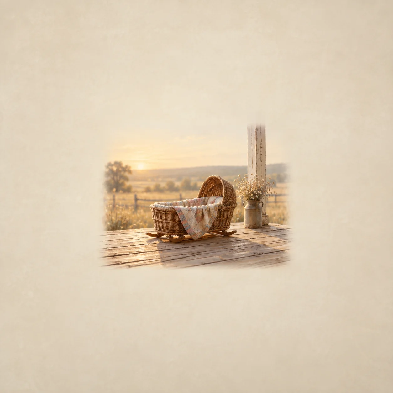 Painterly wicker cradle with quilt fabric on porch boards in golden light.