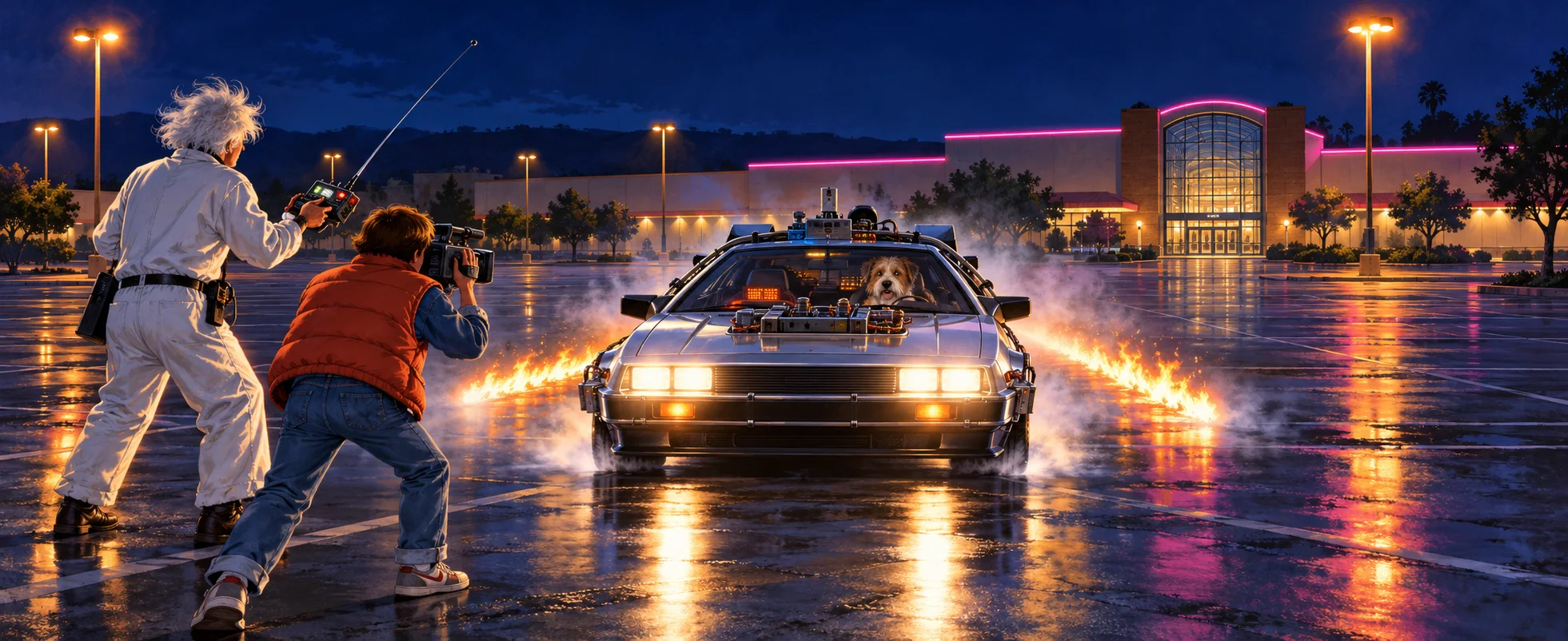 A night-time mall car park under sodium lamps: a stainless-steel gull-wing time machine races toward the viewer trailing two lines of fire, a shaggy dog at the wheel, while a wild-haired scientist in a white jumpsuit works a remote control and a teenager in an orange body-warmer films it on a camcorder.
