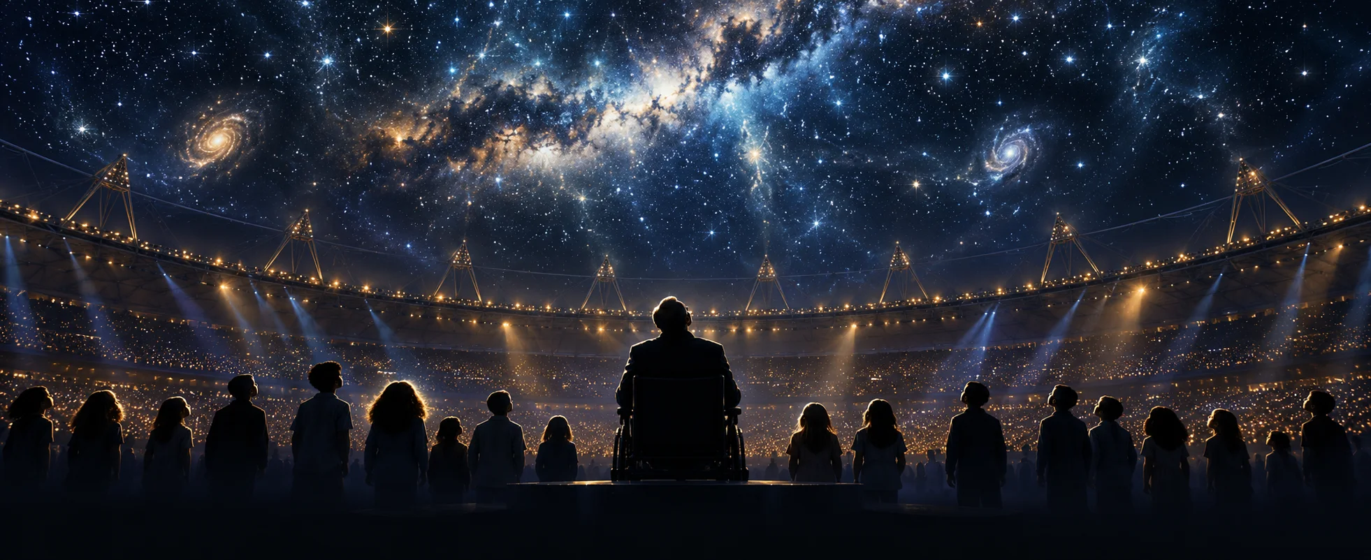 A crowd in a dark stadium looks up at a sky full of stars and galaxies, a figure in a wheelchair silhouetted among them.