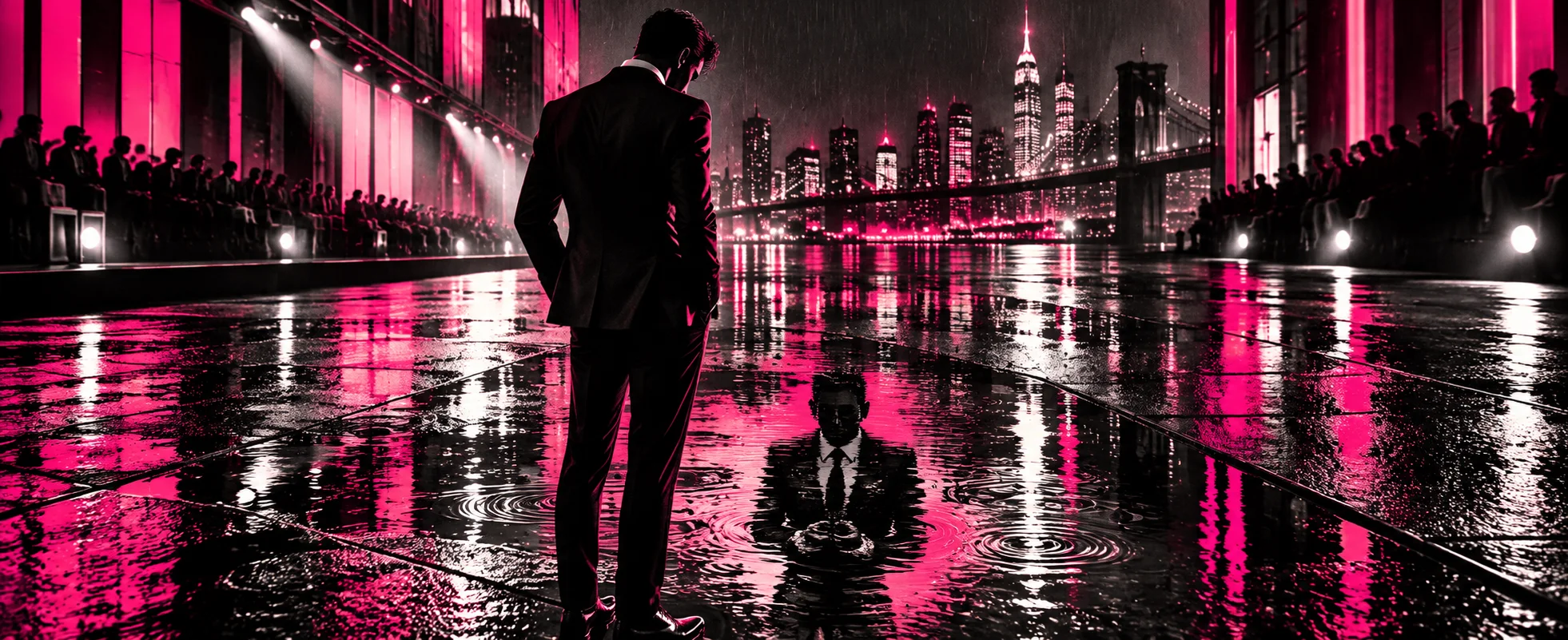 A male model in a sleek suit, seen from behind, gazes at his reflection in a puddle on a neon-lit, rainy Manhattan street.