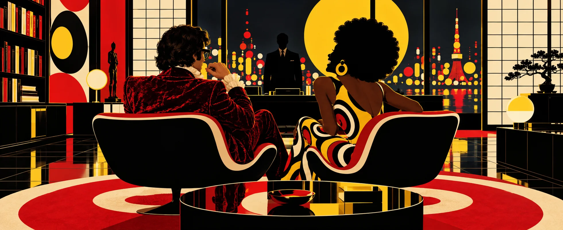 A Tokyo boardroom in red, black and yellow pop graphics: a man in a red velvet suit and a woman with an afro sit in curved chairs laughing, a businessman behind the desk against a neon skyline.