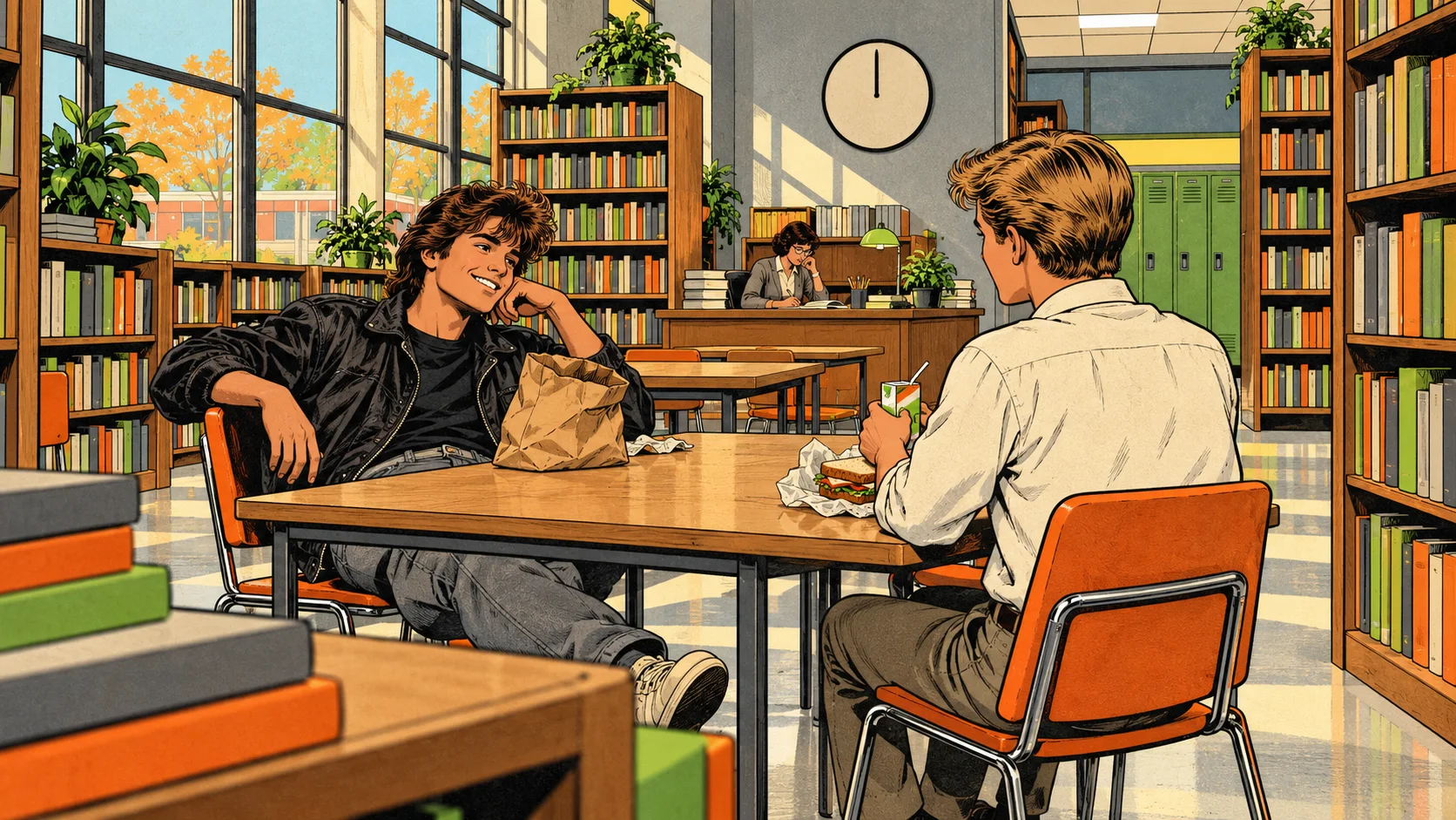 In a bright school library on a Saturday, a grinning teen in a dark jacket leans back in his chair beside an open paper lunch bag, teasing a clean-cut boy who sits across the table with his sandwich.