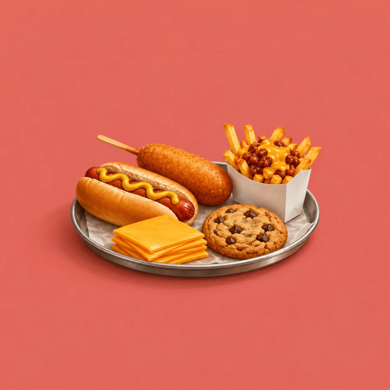 A round diner tray holds a mustard-topped hot dog, a battered corn dog on a stick, stacked orange cheese slices, a chocolate-chip cookie and chili-cheese fries against coral.