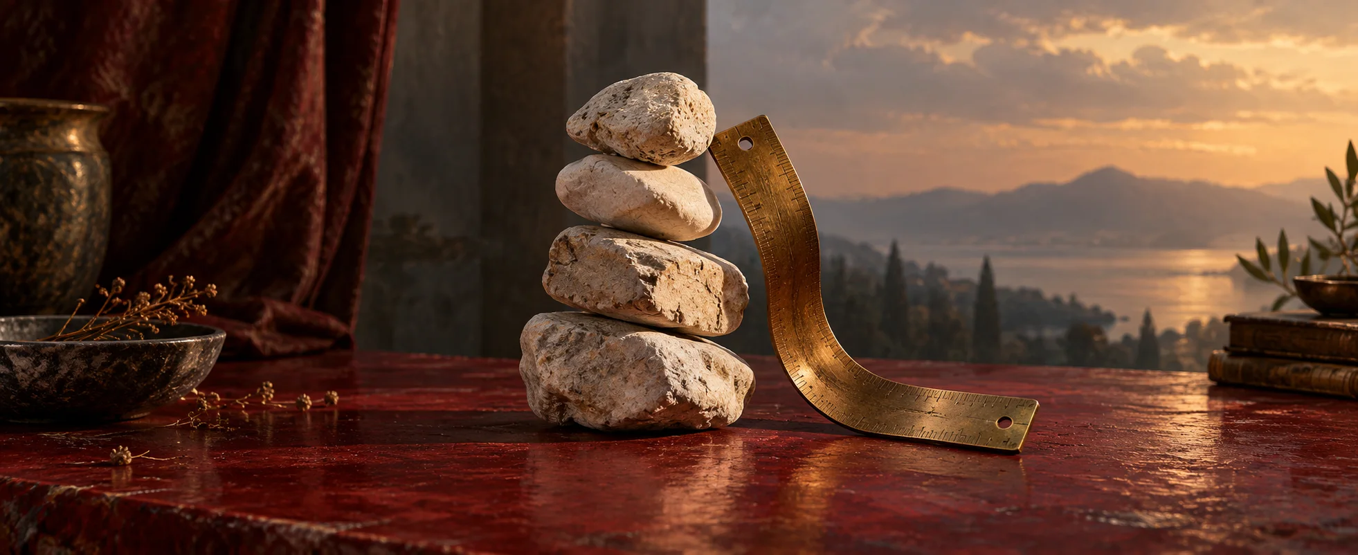 A bent brass ruler rests beside an uneven stack of pale stones on a dark red table.