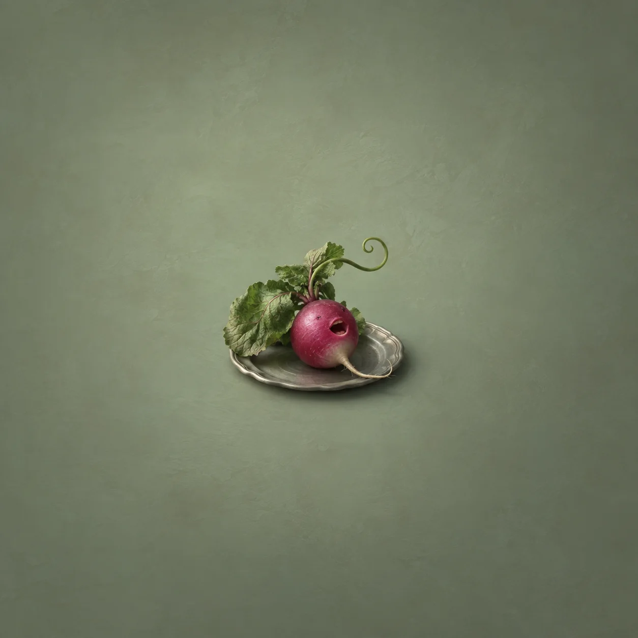 A pink radish with an open mouth and curling green tendril rests on a pewter plate.