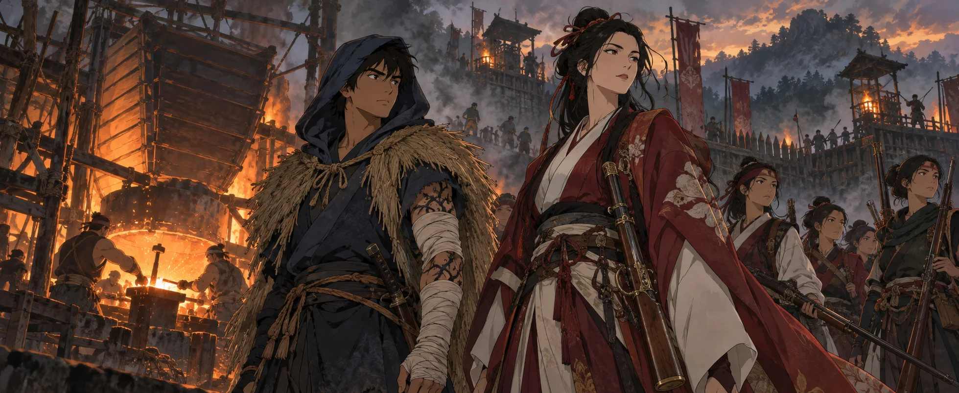 A young warrior in a straw cape with a bandaged arm stands beside a woman in red-and-white robes with a musket, before the glowing forges of a fortified ironworks.