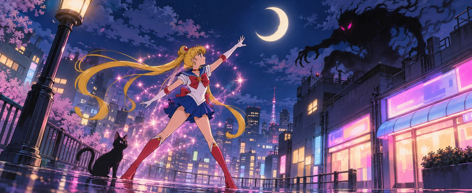 Anime illustration: a girl with long golden pigtails in a sailor-style uniform reaches toward a crescent moon amid swirling sparkles on a neon-lit city rooftop, with a black cat at her feet and a looming shadow monster with glowing eyes on the roofs.