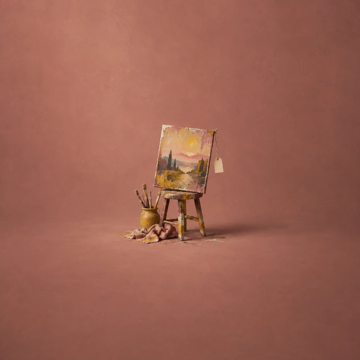 A small painted canvas stands on an easel beside brushes and cloth, with a blank hanging tag against a dusty rose background.