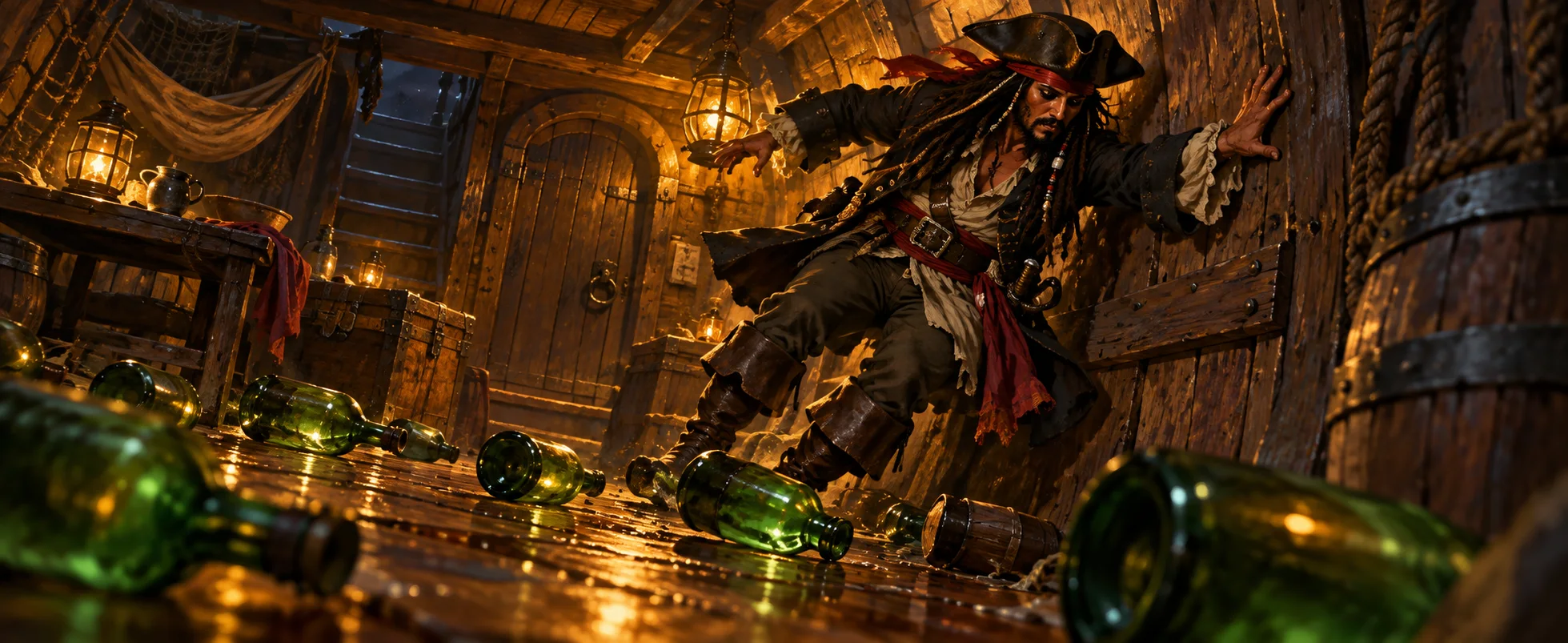 A staggering pirate captain lurches into a wall in a lamplit ship's cabin strewn with empty green rum bottles.