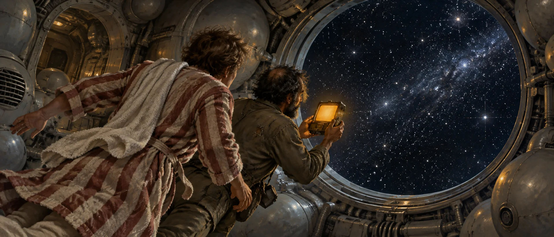 A man in a striped dressing gown and his friend peer at a glowing guidebook beside a porthole full of stars in a cramped alien hold.