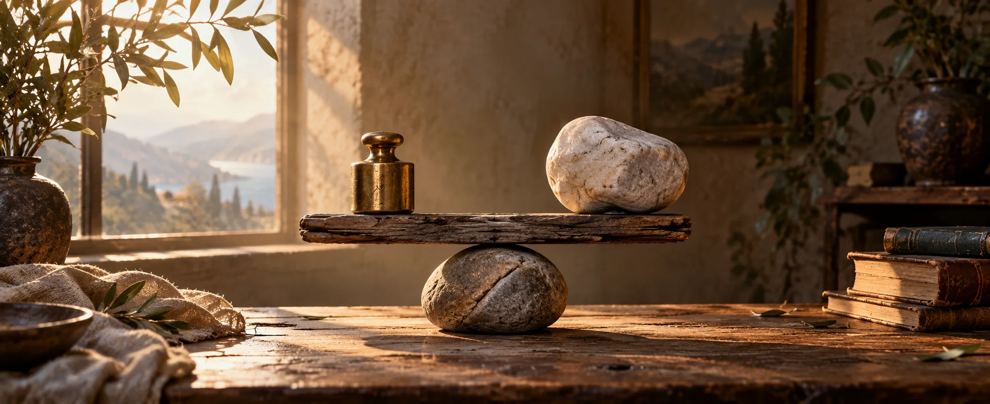 A small brass weight balances a pale stone on a worn wooden beam in warm window light.