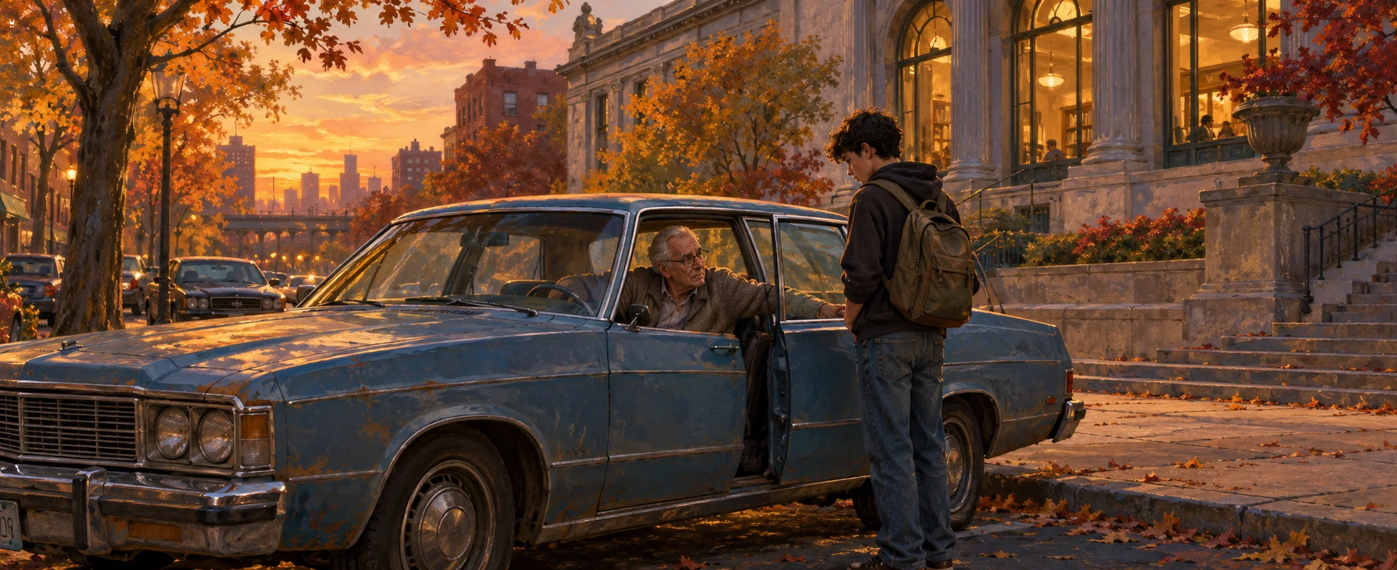 An elderly man leans from the wheel of an old blue car to talk earnestly to a teenage boy with a backpack outside a library at dusk.