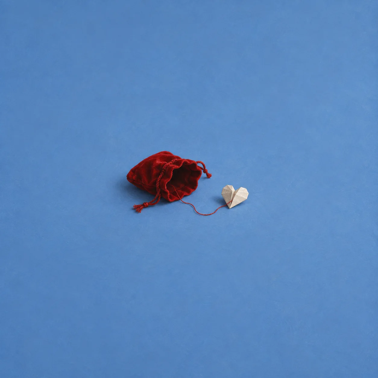 An open red velvet pouch trails a cord toward a folded white paper heart on blue.
