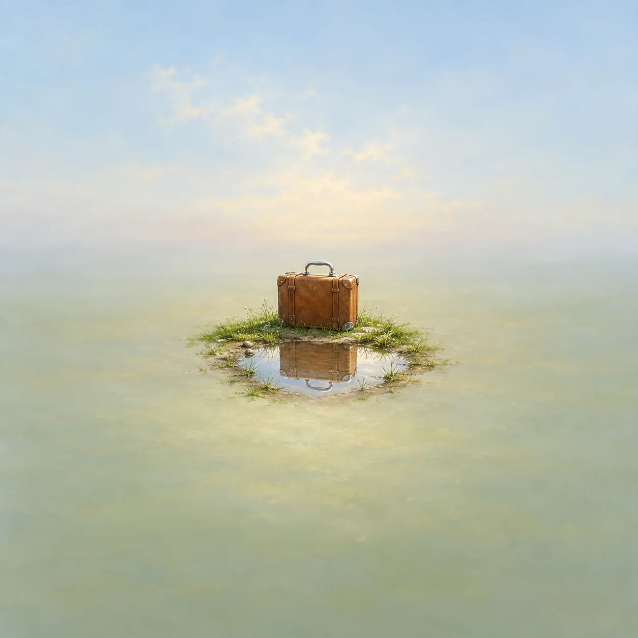 A small tan suitcase stands on a patch of grass beside a puddle that reflects it under a pale sky.