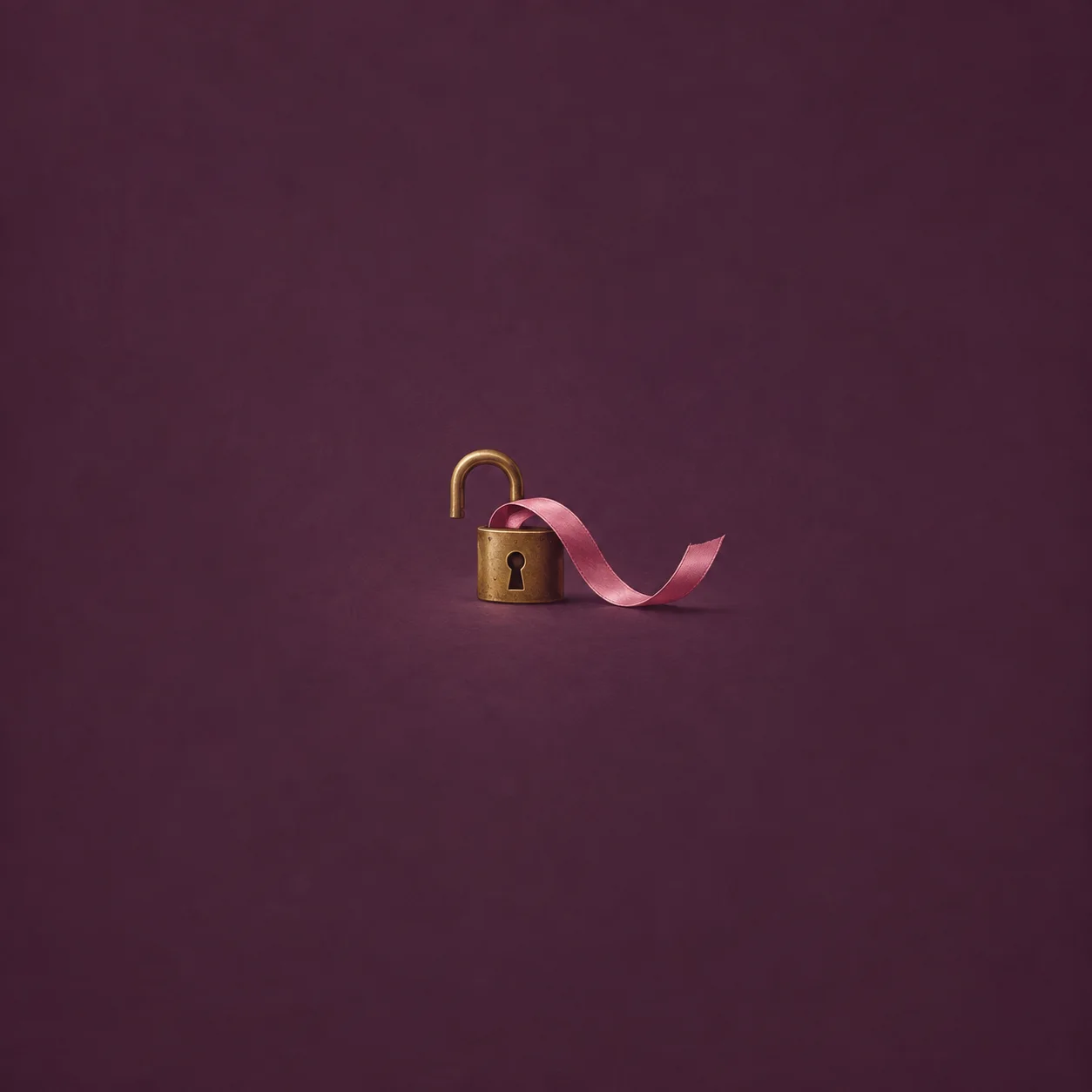 An open brass padlock with a pink ribbon threaded through it against a plum background.