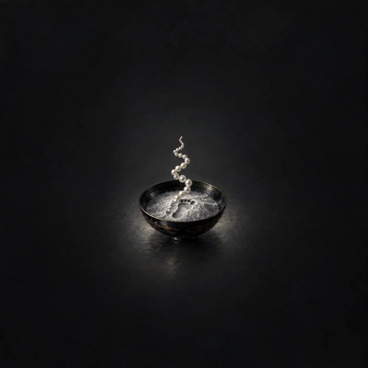 A footprint in silver-gray powder in a black bowl, with a curling strand of pearl-like beads rising above it.
