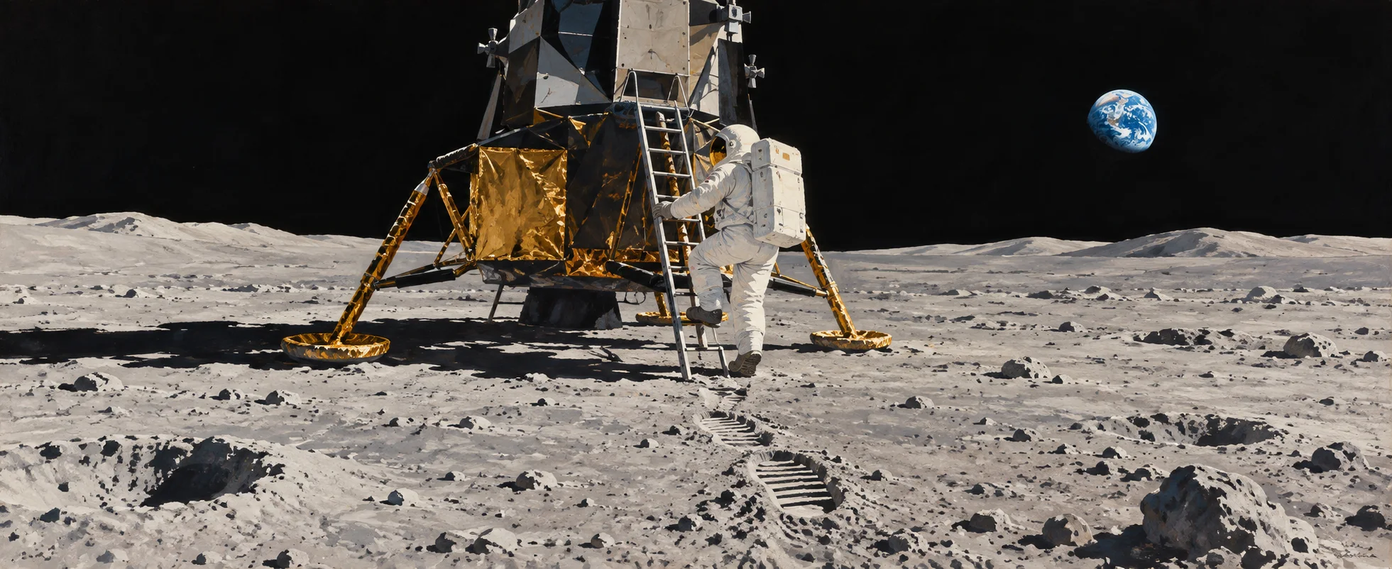 An astronaut steps off the ladder of a lunar module onto grey dust under a black sky, the Earth small and blue above the horizon.
