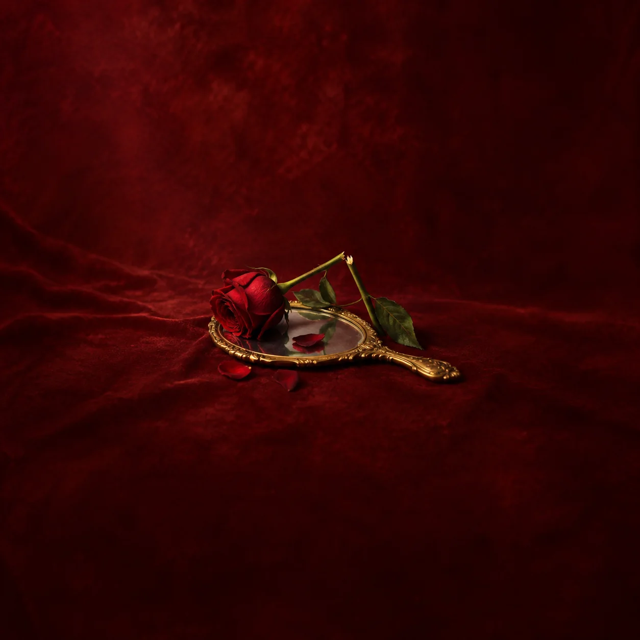 Painterly red rose lying across a gold-framed hand mirror on dark red velvet.