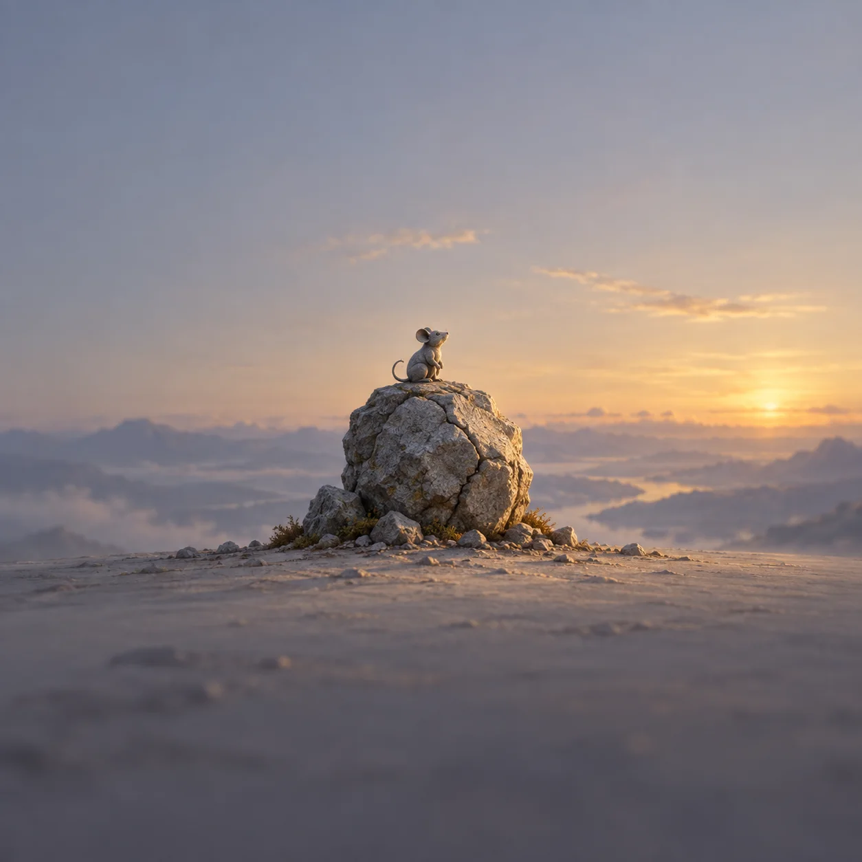 Painterly small mouse perched atop a cracked boulder above clouds at sunrise.