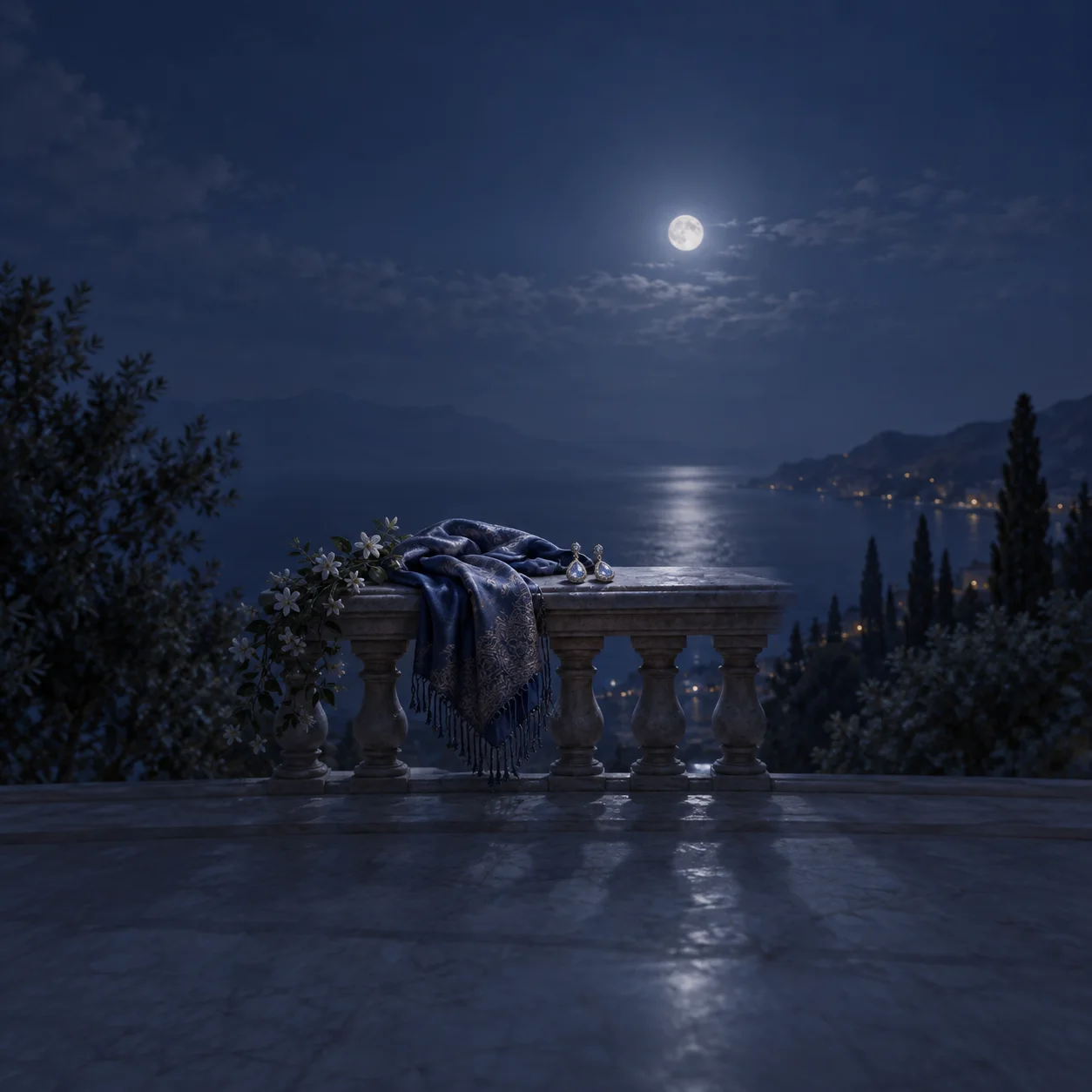 Painterly blue shawl and small jewellery on a stone balcony railing overlooking a moonlit lake.