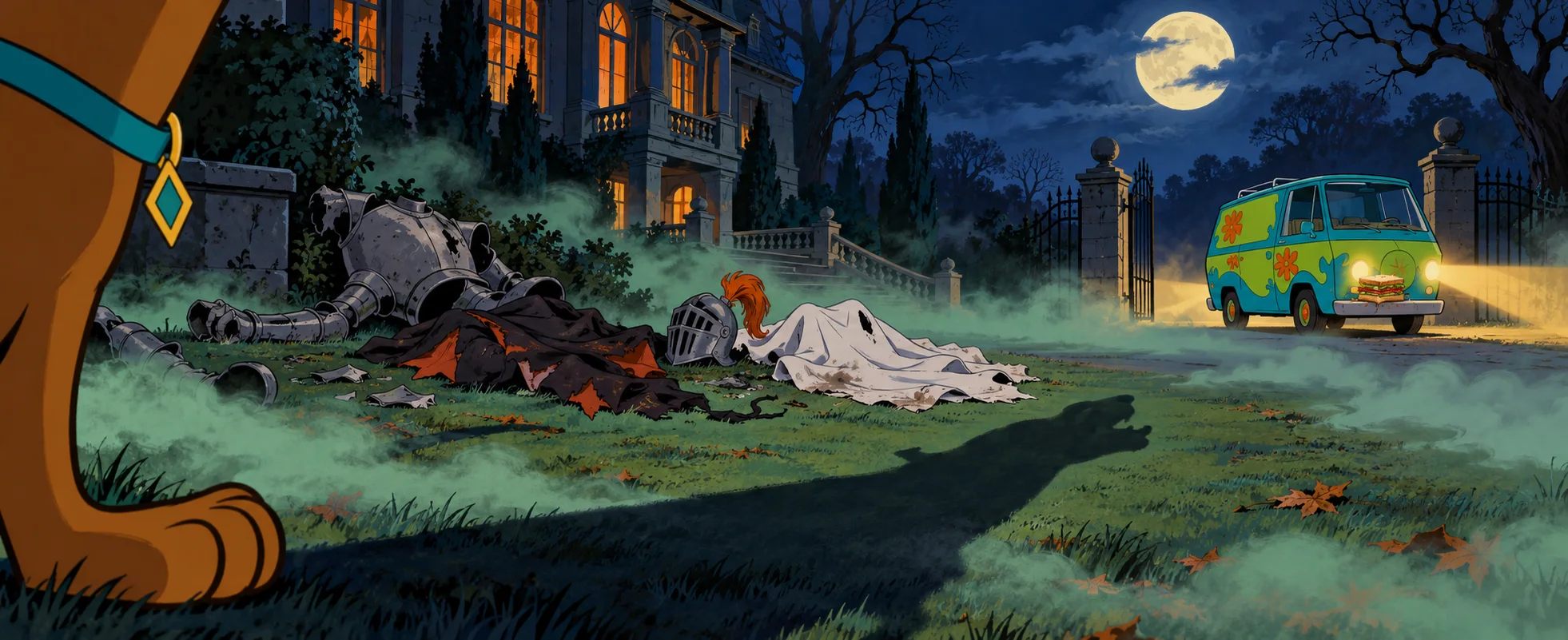 Cartoon illustration of a foggy moonlit mansion lawn where a knight's armour and a ghost sheet lie discarded, a big dog's howling shadow stretches across the grass from a brown paw and diamond-tagged collar at the edge, and a flower-painted van waits at the gate.