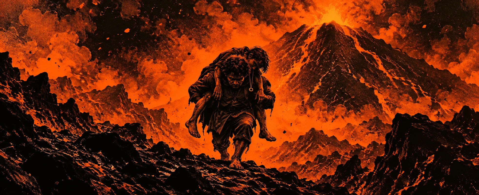 Two-colour screen print in black and orange: a stocky hobbit climbs a volcanic slope carrying his exhausted friend on his back, a ring on a chain at his friend's chest, as Mount Doom erupts behind them.