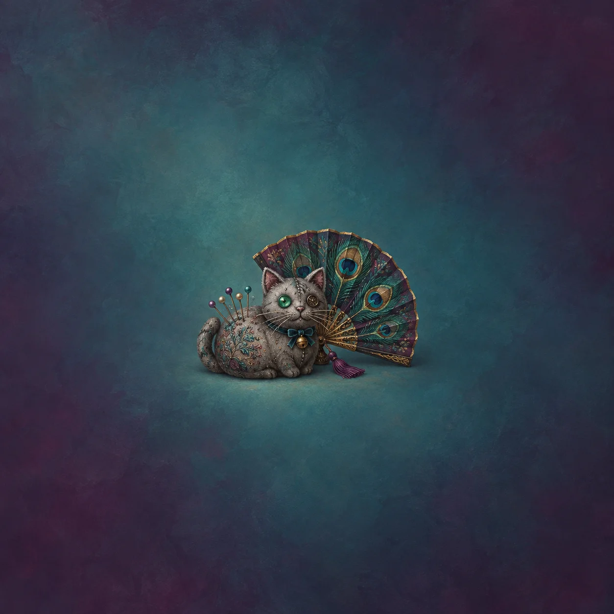 A grey cat-shaped pincushion sits before an open fan decorated with peacock feathers.