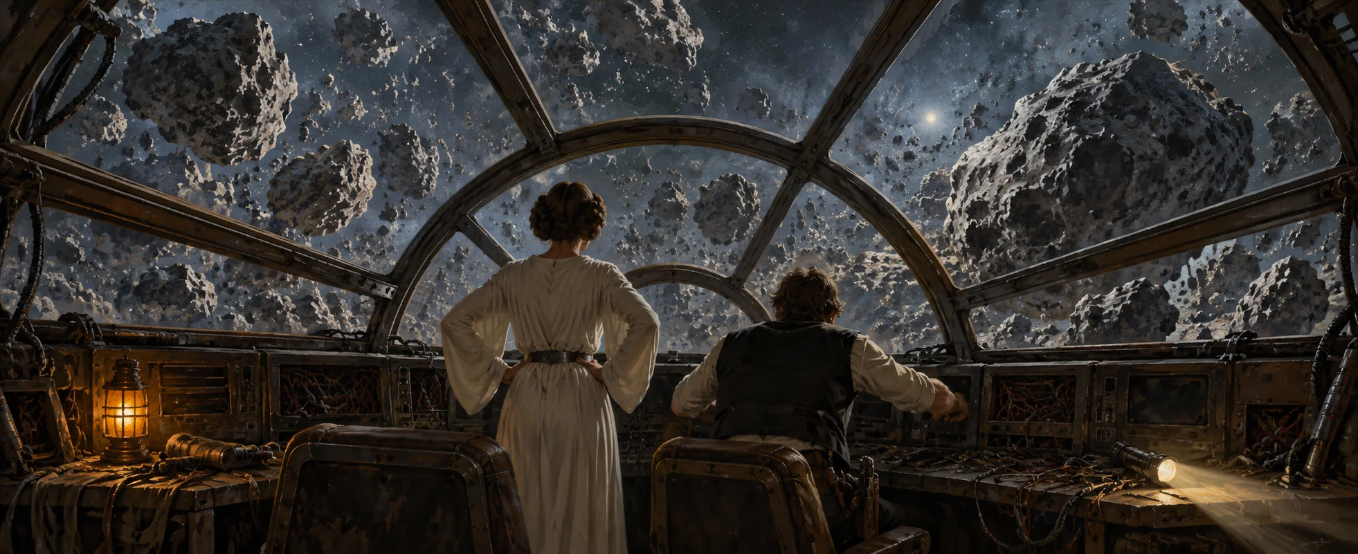 A woman in white and a pilot look out of a freighter cockpit at a crowded asteroid field.