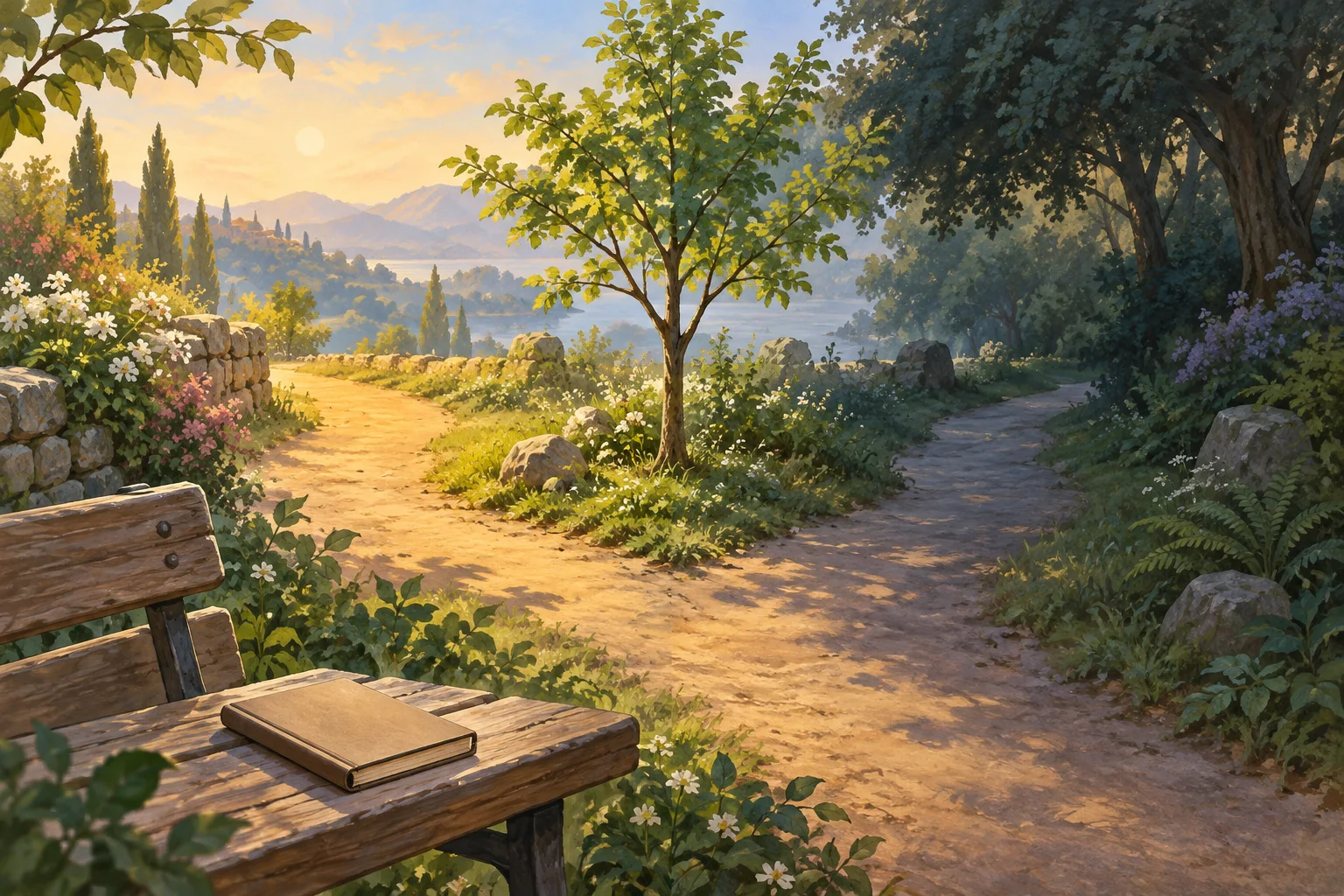 Two branching garden paths, one sunlit and one shaded, pass a young tree beside a bench holding a closed, unmarked notebook.