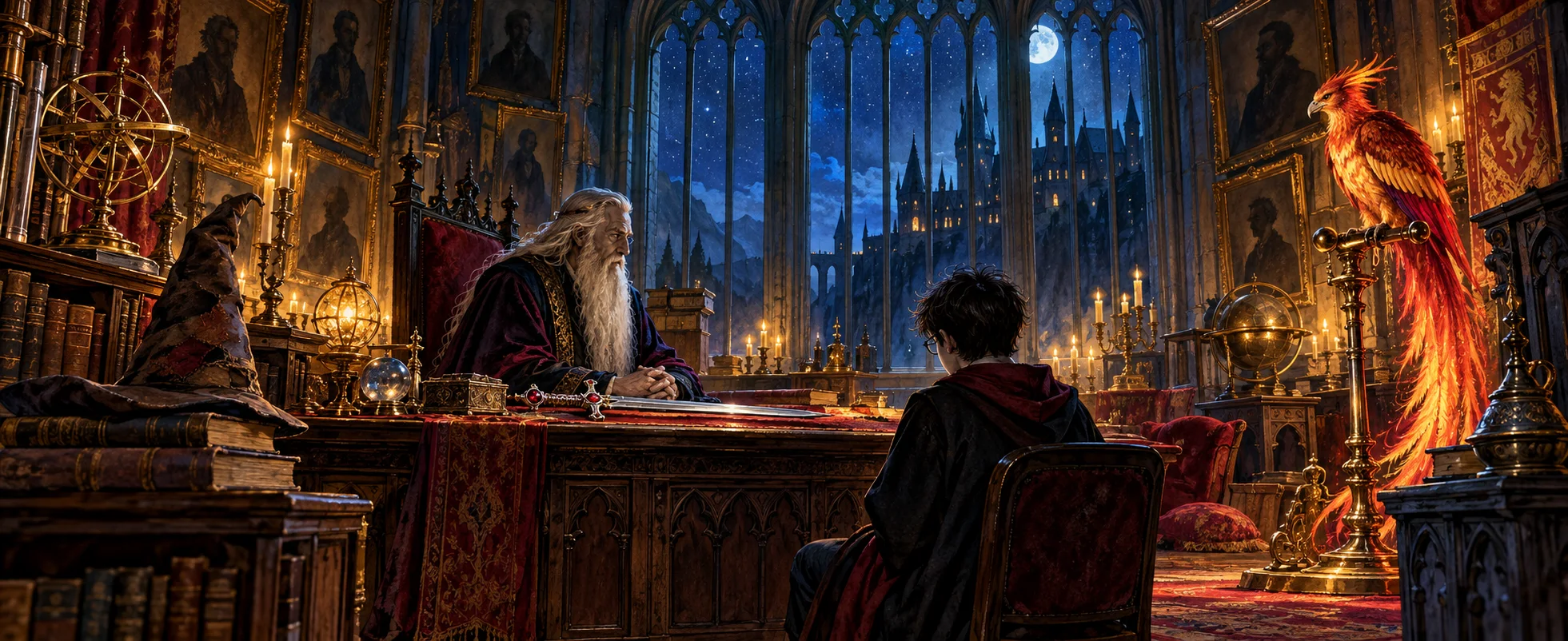 A boy with dark hair sits before an old wizard at a candlelit desk in a round office full of instruments, a red-gold phoenix on its perch.