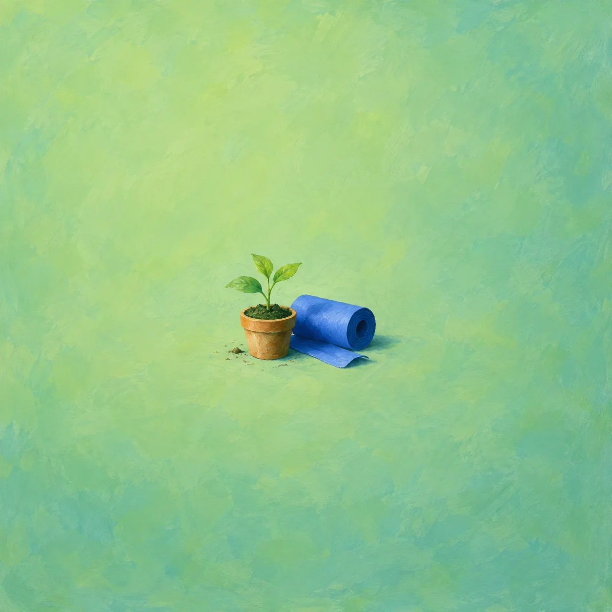Small potted seedling beside a rolled blank blue sheet