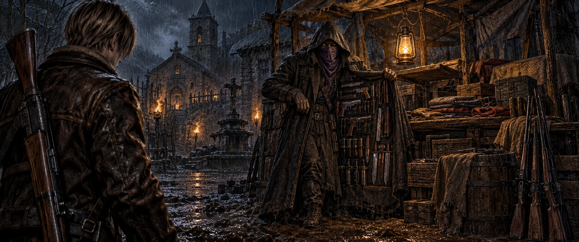 A young agent in a leather jacket, seen from behind, faces the hooded, masked Merchant in his lantern-lit stall of guns and wares on a rainy village square below a stone church.