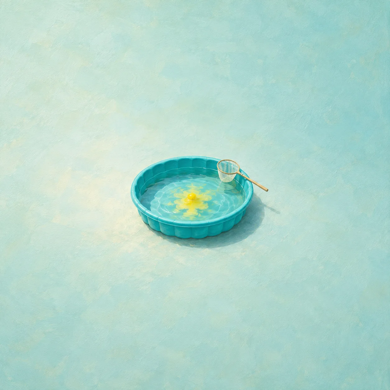 A small turquoise wading pool with yellow color spreading in the water and a tiny net on its rim.