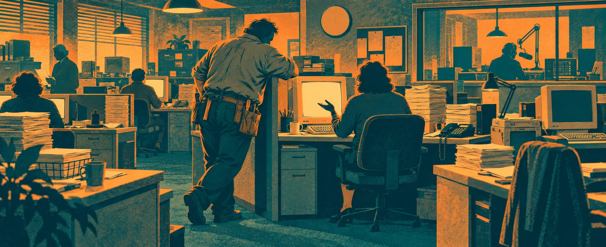 A cramped 1990s radio newsroom in teal and orange: a heavyset man in a rumpled shirt with a tool belt leans on a cubicle wall talking to a colleague at her computer.