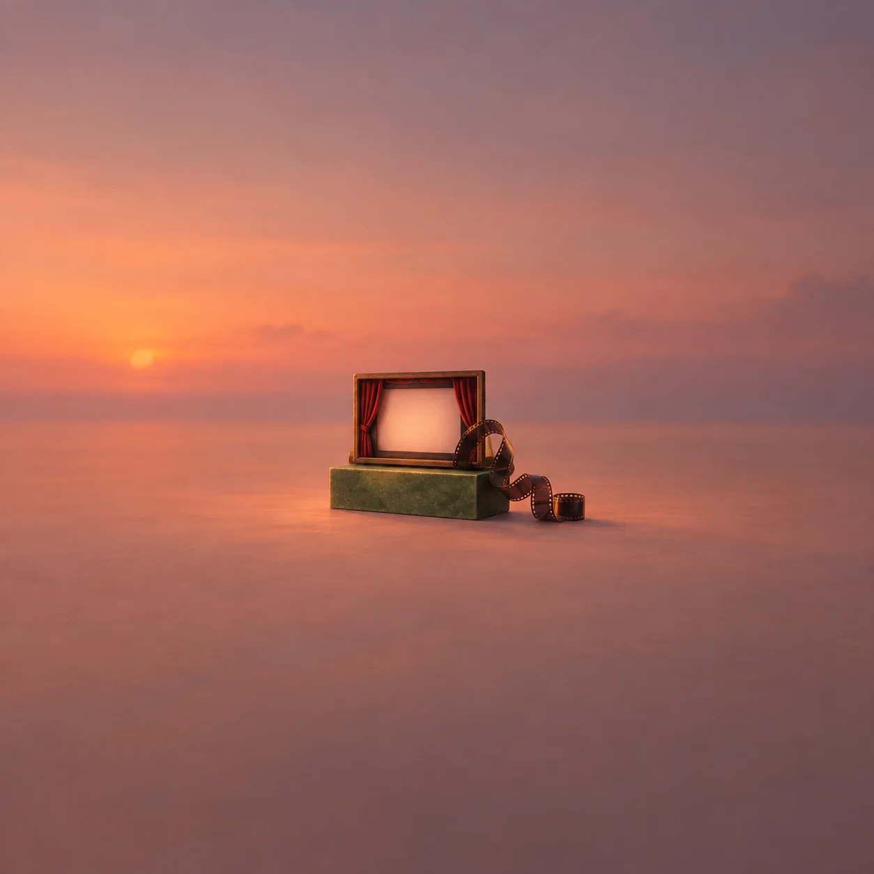 A small empty cinema screen with red curtains stands on a green base beside a curling filmstrip at sunset.