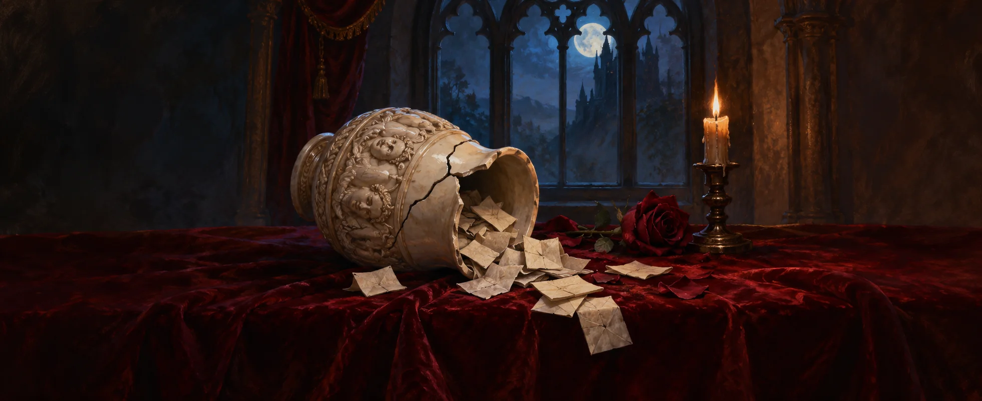 A cracked ivory vessel spills small folded papers onto a dark red velvet table beneath a gothic window.