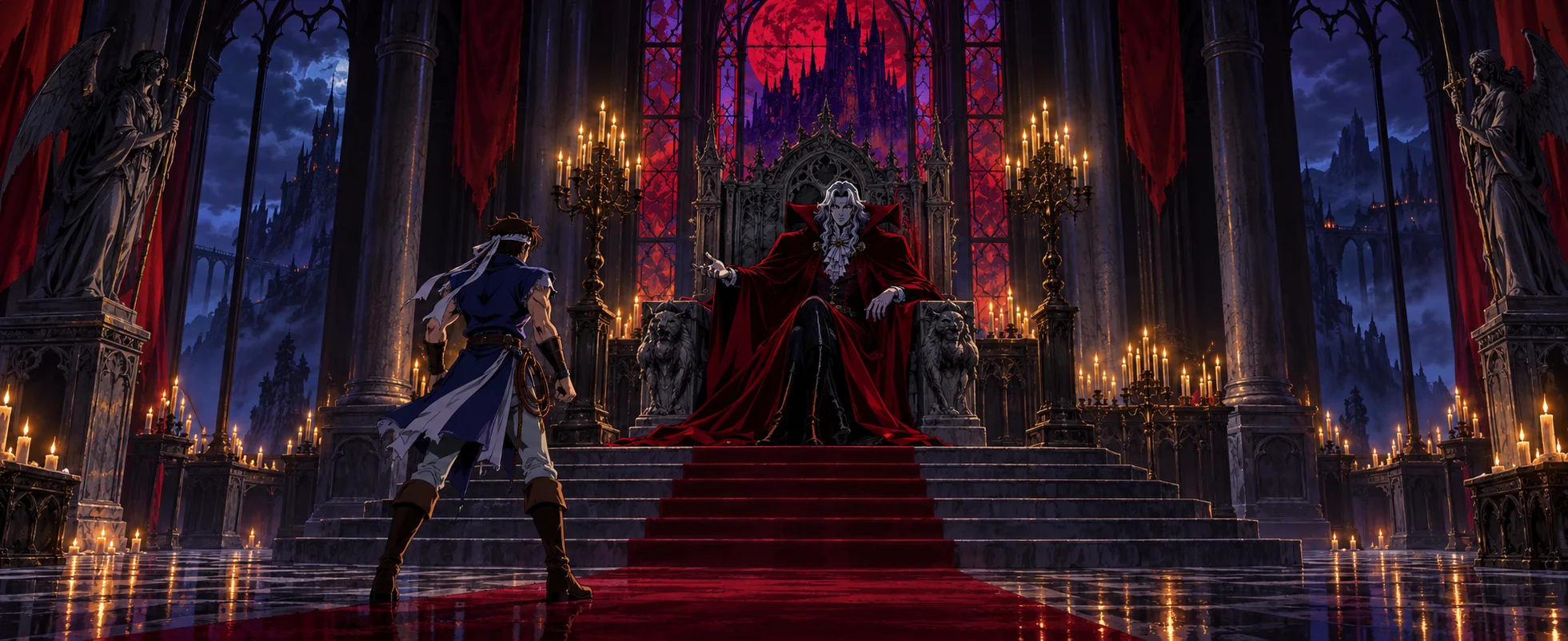 A young vampire hunter with a headband and whip stands at the foot of a red-carpeted throne where a count in crimson sits in a gothic hall.