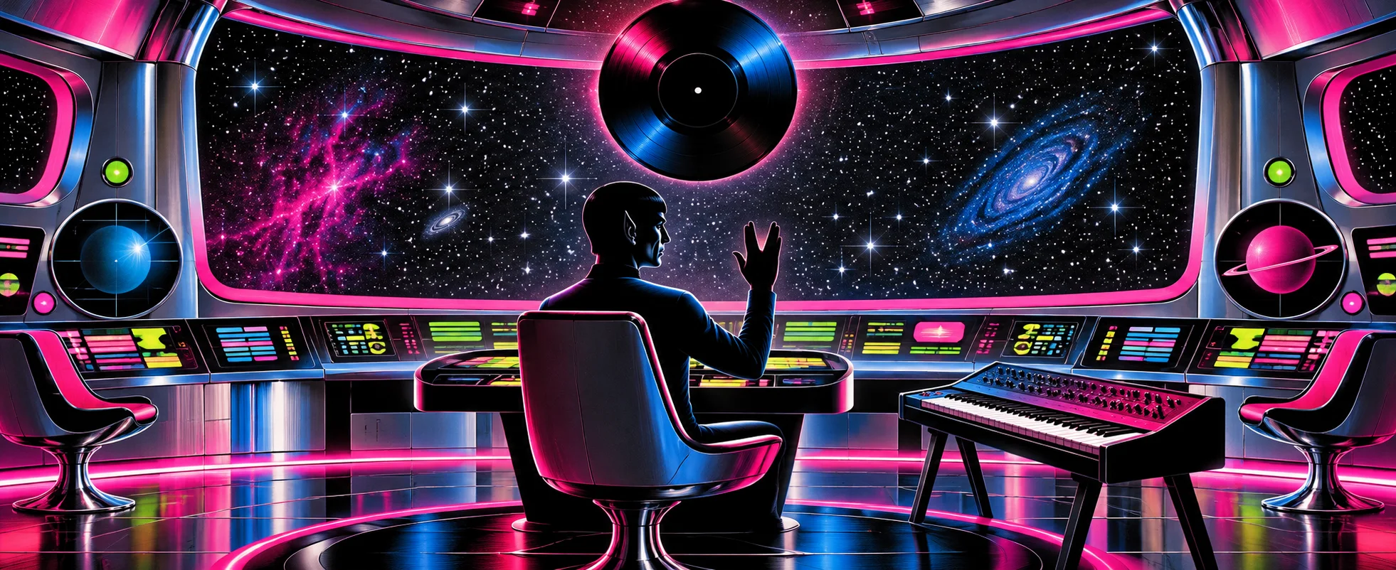 Neon 1980s pop illustration of a starship bridge turned disco: a pointed-eared figure raises a split-fingered salute at a console beside a synthesiser, a vinyl record spinning in the starfield.