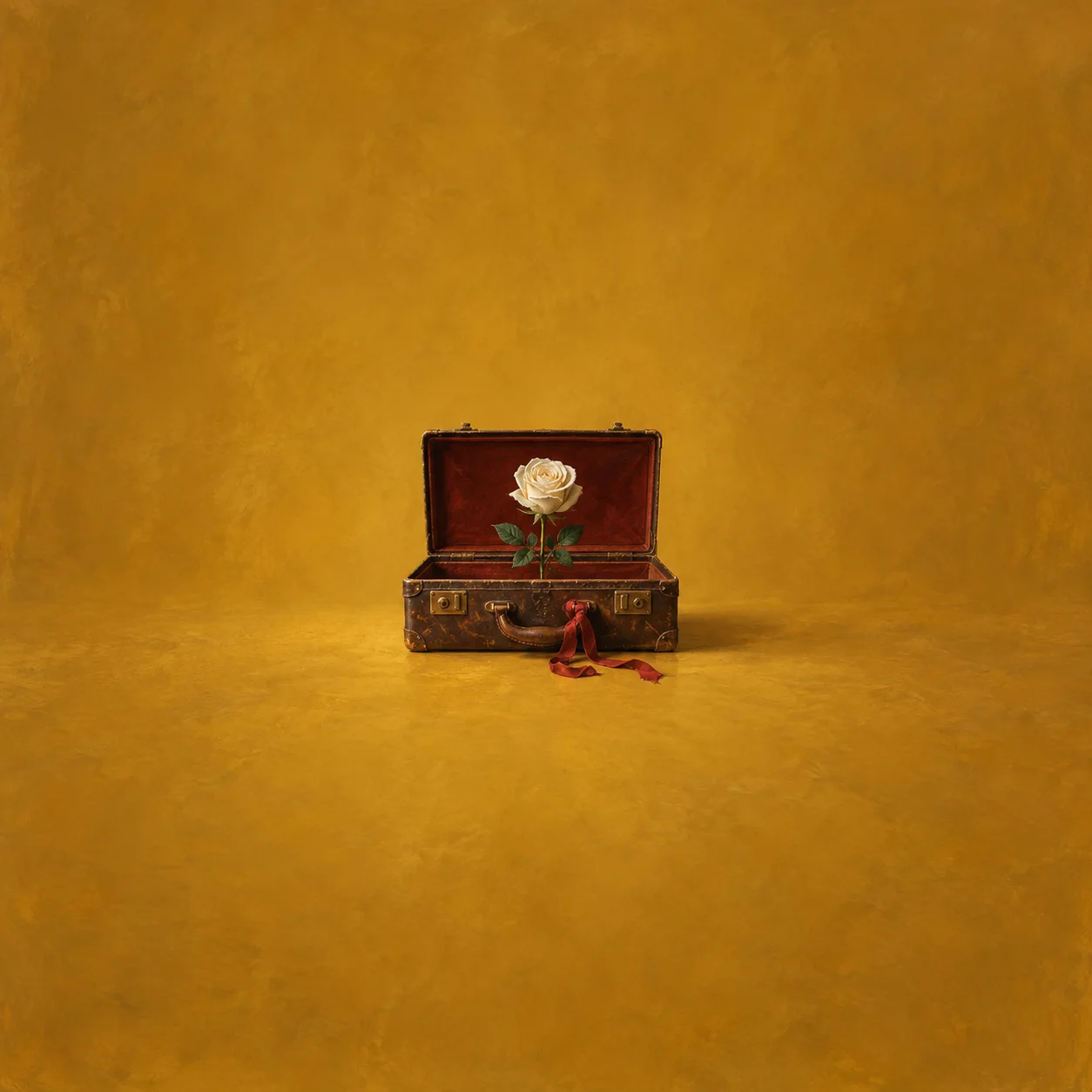 A white rose rises from an open worn leather case beside a loose red ribbon on mustard.