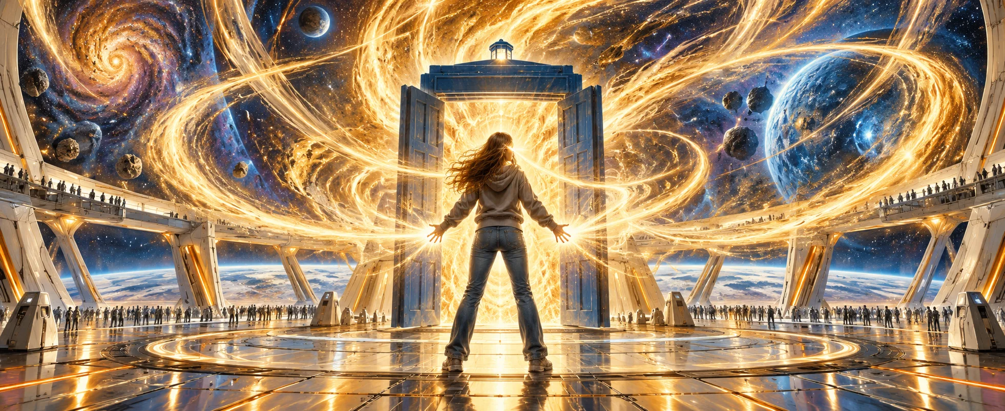 A young woman blazing with golden light stands before a blue doorway on a space station, arms spread in a swirl of time energy.
