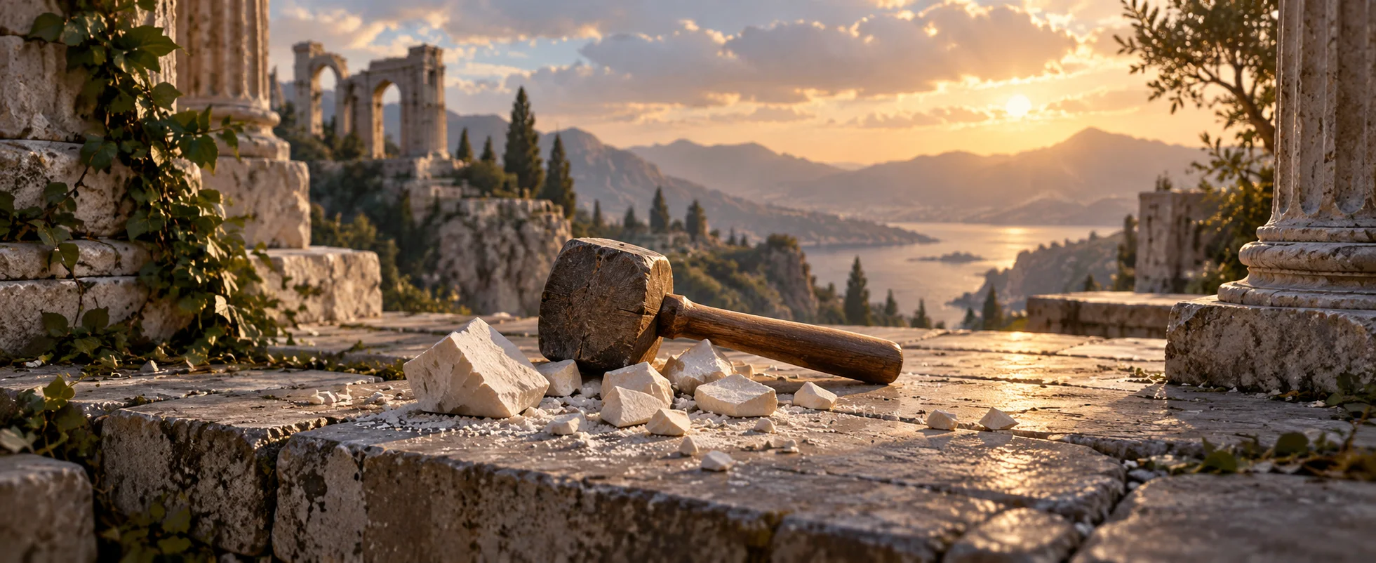 A small mallet rests beside scattered pale stone chips on a sunlit ruined platform.