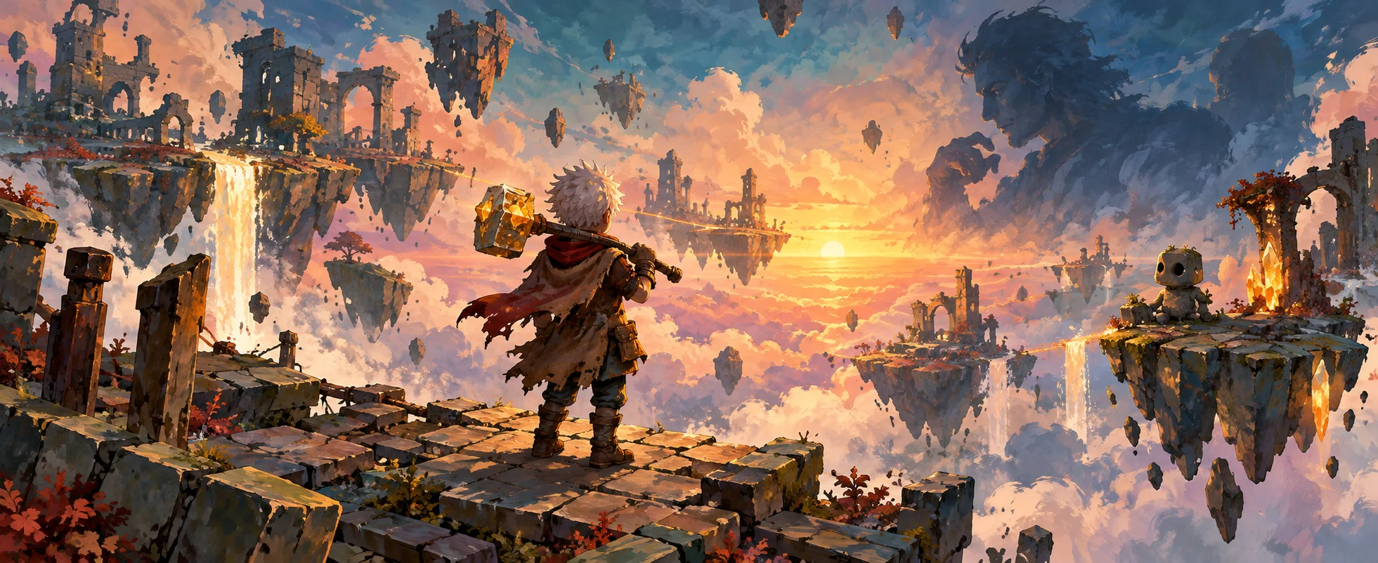 A small white-haired kid with a huge hammer stands on a floating ruin among shattered sky islands at sunset.