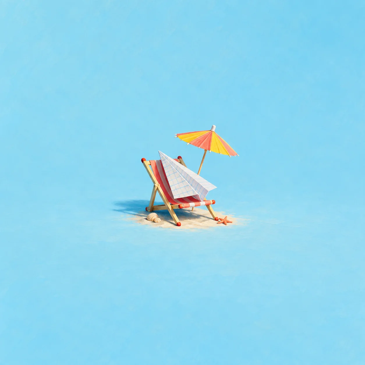 A folded paper aeroplane rests on a miniature striped deckchair beneath a yellow and orange paper umbrella.